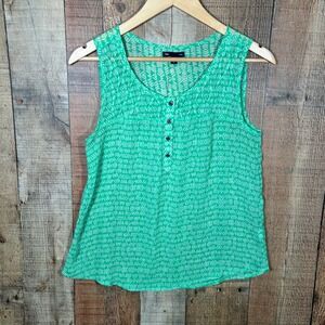 Gap Small Green Geometric Sheer Sleeveless Henley Blouse Pintuck Pleat Tank Top